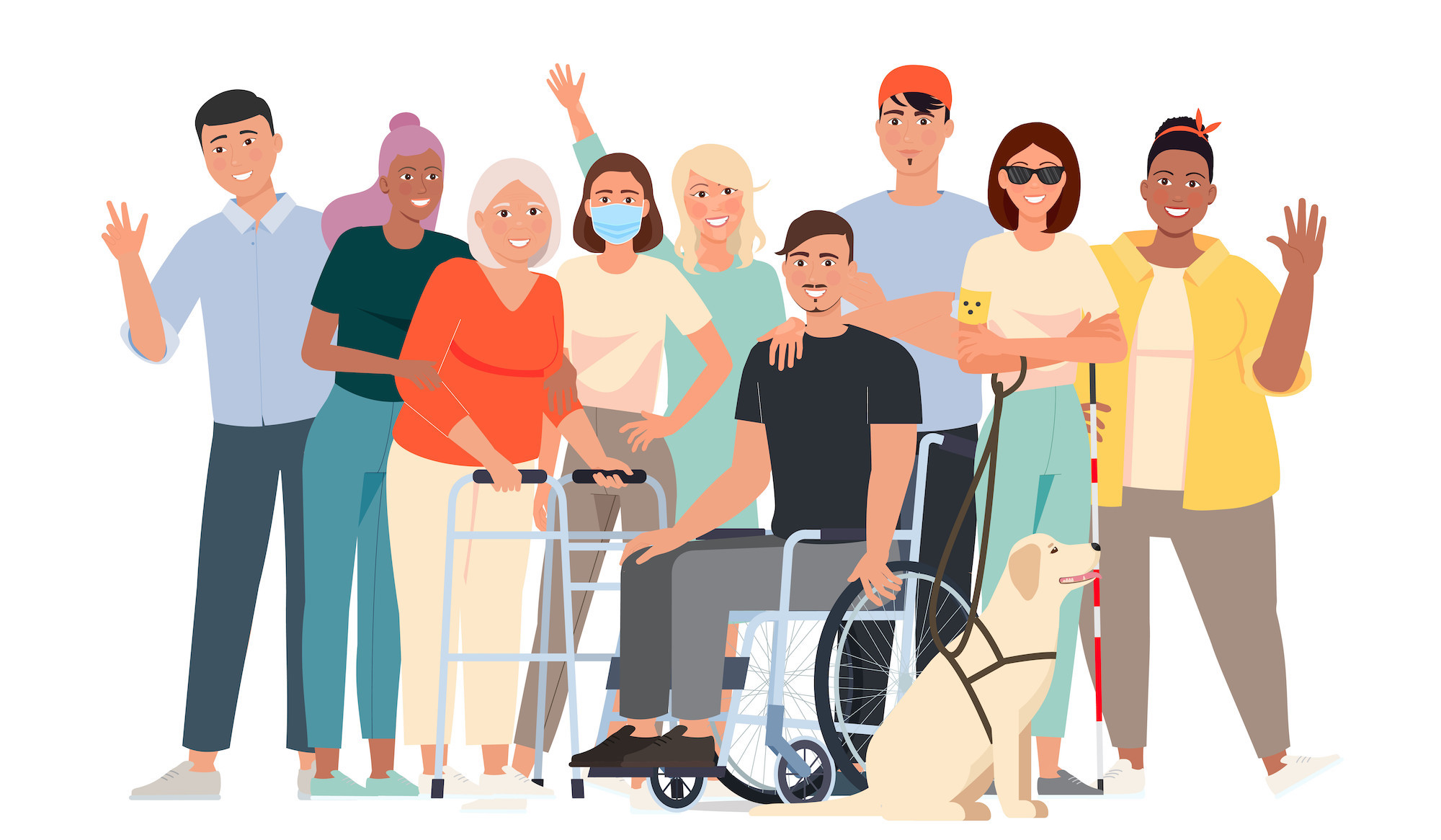 Vector illustration of adults with diverse disability types, skin colors, hair textures, and body types. Includes two individuals with higher body weight, a woman using a walker, a woman wearing a mask, a woman with psoriasis, a man in a wheelchair, a man with a head covering, and woman with low vision using a white cane and guide dog.